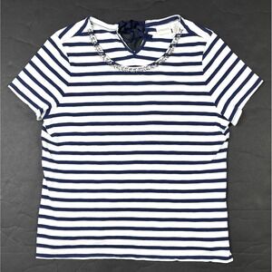 Chicos Shirt Women's 2 Petite Blue White Striped Tie Back Rhinestone Neck